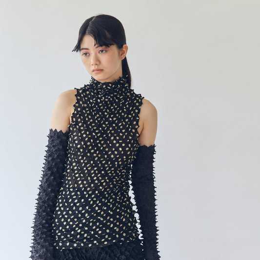 Spiky Shibori Sleeveless Top -  Chiffon, Dot Patterns