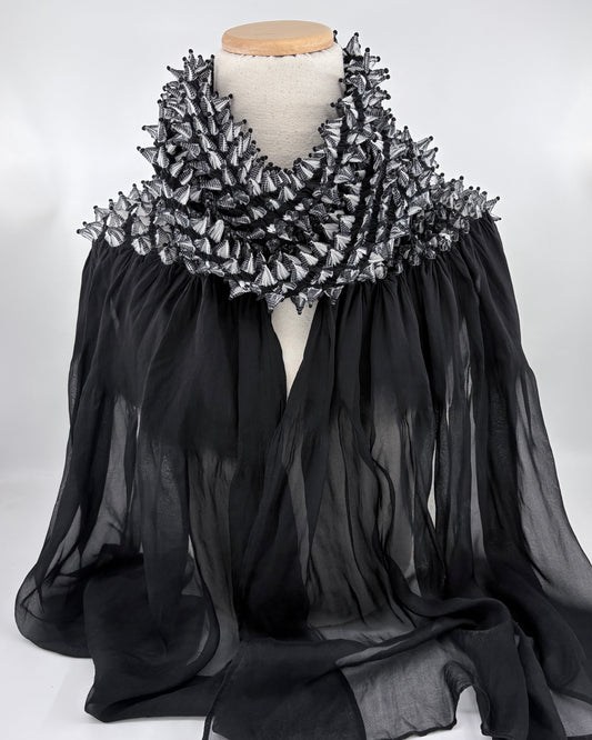 Silk Chiffon Scarf with Spiky Shibori Center